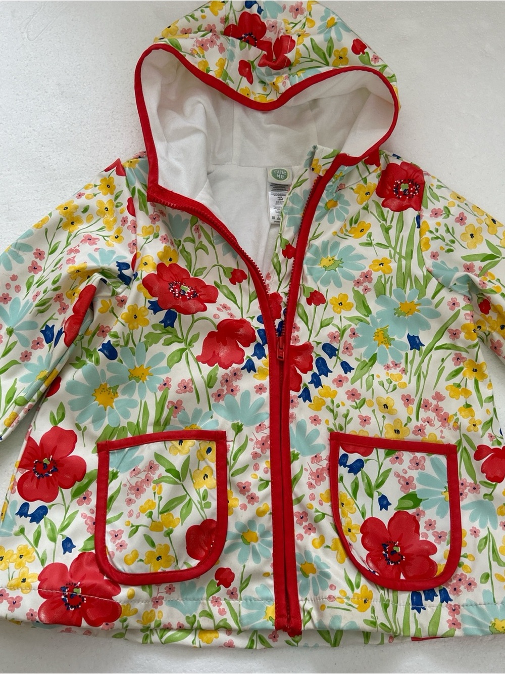 Little Me girls floral hooded raincoat with a vibrant poppy and wildflower print